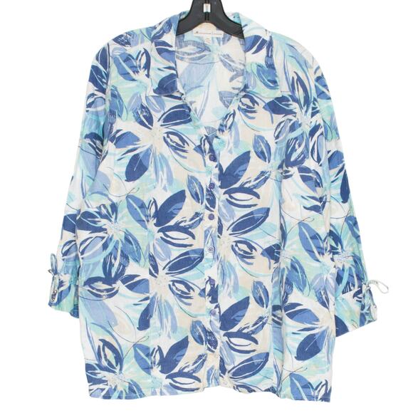 JM Collection Top 3/4 Sleeve Floral Linen Coastal Tropical Resort Button Up 22W - Picture 7 of 8